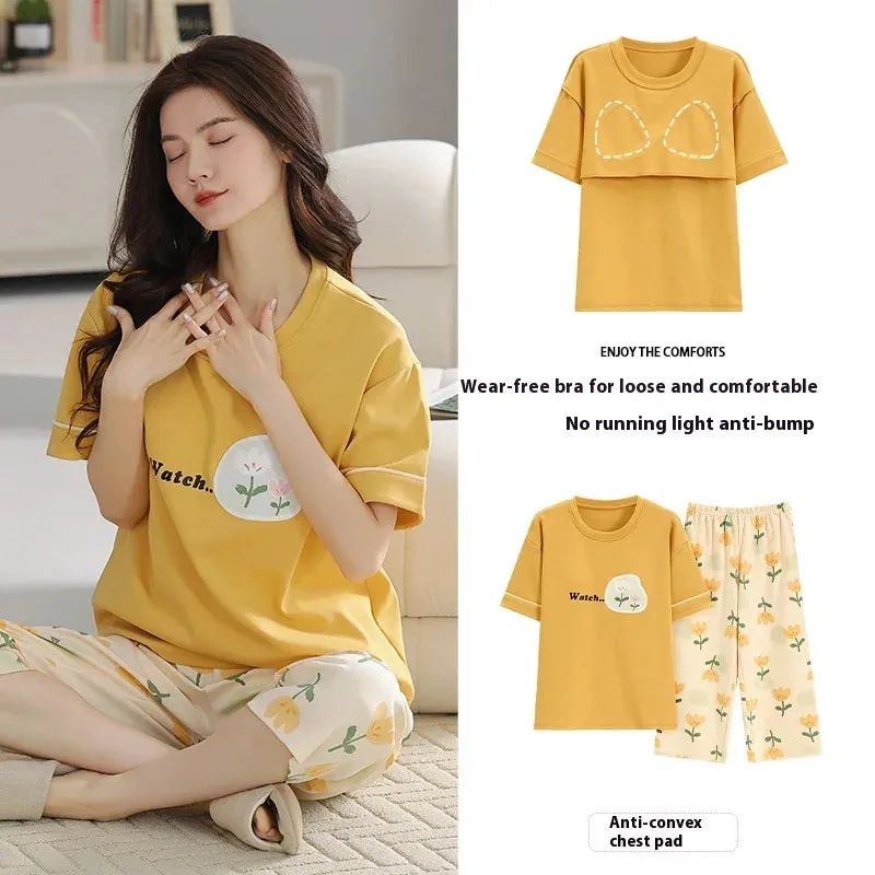 2024 Summer New with Chest Pads Cotton Pajamas Homewear Suit Female Short-Sleeved Seven Pants Plus Size Ladies Homewear Suit