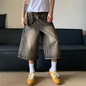 American Style Wide Leg Men Jeans Washed Waisted Loose Fitting Straight Casual Gradient Color Vintage Trousers 24E1028