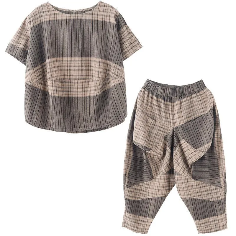 Babakud Plaid Color Block T-Shirt Pants Two Pieces Sets