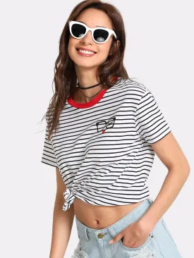 Black and White Striped Tee Red Collar with funny Glass Embroidery