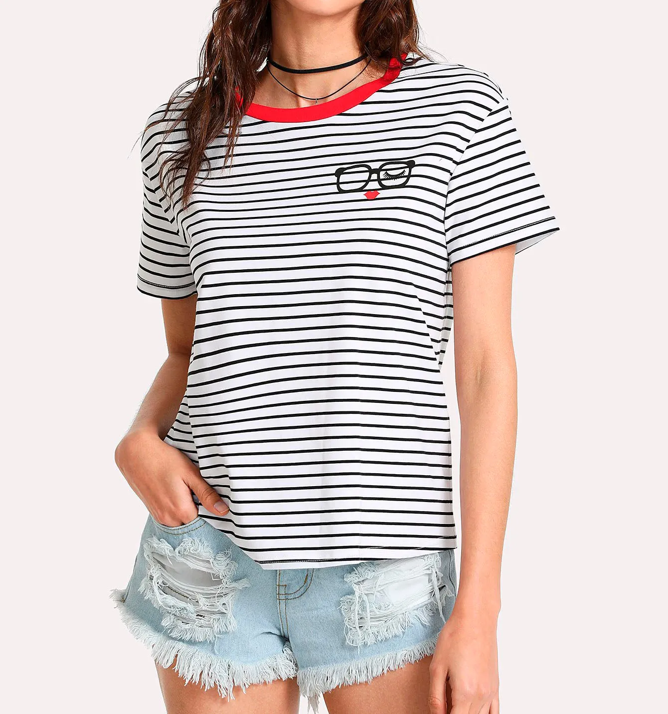 Black and White Striped Tee Red Collar with funny Glass Embroidery
