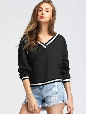 Black and White Striped V-Neck Pullover
