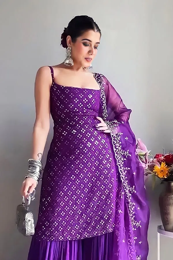 Designer Sharara Suit With Long Kurti For Girls