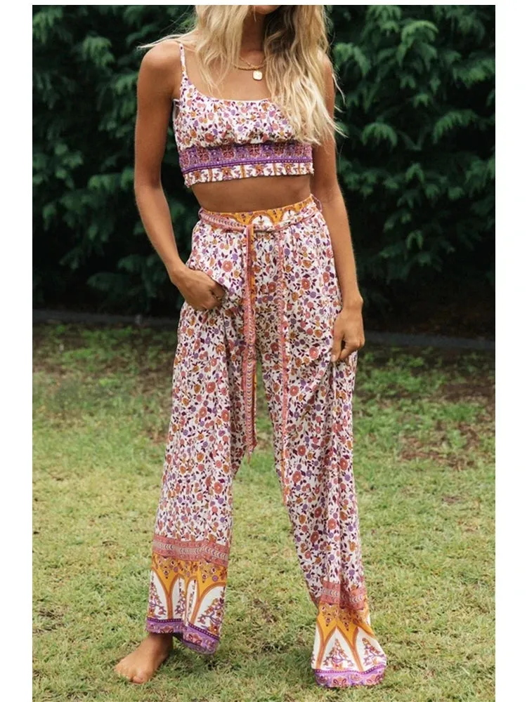 Maysoon's Boho Two Piece Set Wide Leg Pants & Crop Top