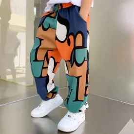 Mqtime New Boys Print Casual Pants Summer Graffiti Designer Print Sweatpants Thin Long Pant Teenage Kids Boys Clothes for 2-12 Y