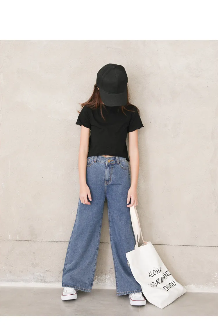 Mqtime Teenage Girls Jeans Spring Summer Casual Fashion Loose Blue Kids Leg Wide Pants School Children Trousers 6 8 10 12 Year
