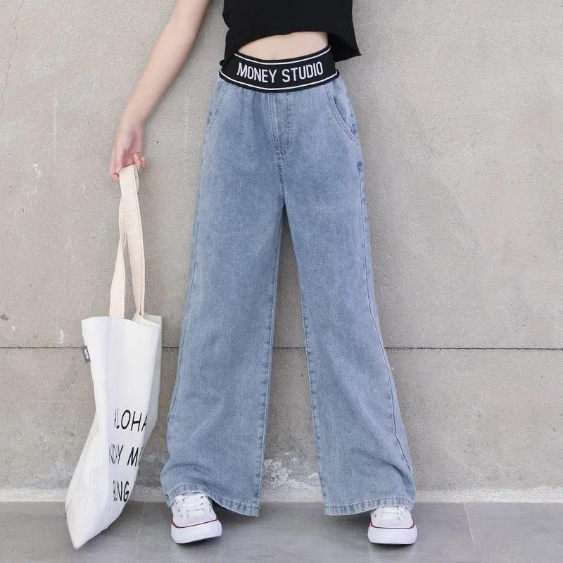 Mqtime Teenage Girls Jeans Spring Summer Casual Fashion Loose Blue Kids Leg Wide Pants School Children Trousers 6 8 10 12 Year