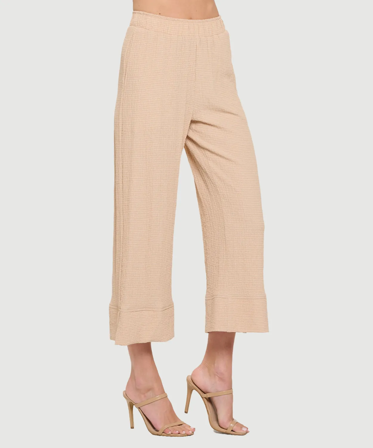 Palazzo Gauze Pants with Elastic Waist with Small Slits - Taupe - USA Made